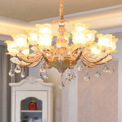 Traditional Flower Blossom Chandelier Amber Glass Hanging Ceiling Light with Decorative Crystals