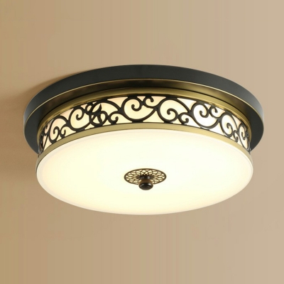 White Glass LED Flush Ceiling Light Country Coffee Round Foyer Flush Mount with Floral Swirls Decor