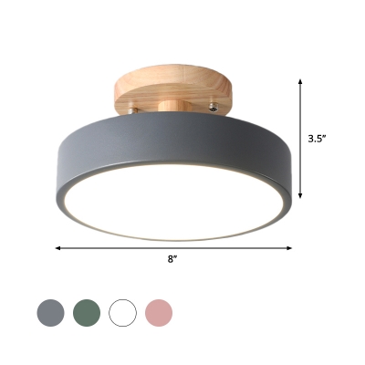 Round Metal Semi Flushmount Modern Nordic White/Green/Grey Finsih LED Flush Mount Ceiling Light with Wood Canopy