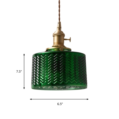 Retro Bowl/Cylinder Pendant Light Kit 1-Light Green Twisted/Wavy Glass Ceiling Hang Lamp in Brass for Bedroom