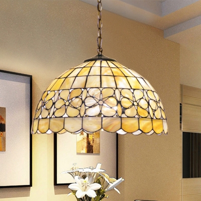 Tiffany Vintage Petal Pendant Light 12 Inch Shell Suspension Light in Beige for Restaurant