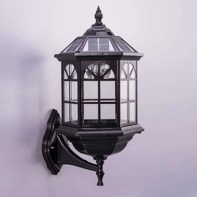 Hexagon Clear Glass Wall Light Sconce Country 1-Bulb Outdoor Wall Mount Fixture in Black with Solar Panel