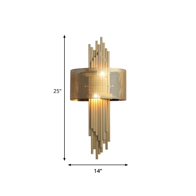 Postmodern 2-Tier Flute Wall Sconce Metal 2-Light Parlor Wall Mounted Lamp in Gold with Half Round Mesh Screen