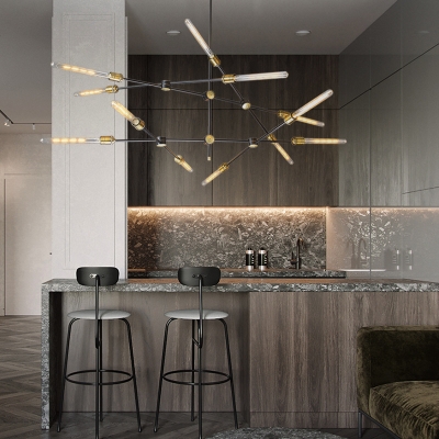 Black Iron Crossed Line Pendant Light Farmhouse Restaurant Chandelier with Open Bulb Design