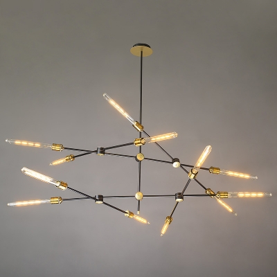 Black Iron Crossed Line Pendant Light Farmhouse Restaurant Chandelier with Open Bulb Design