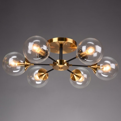 Glass Orb Semi Flush Light with Radial Design Mid Century Ceiling Light Fixture in Gold
