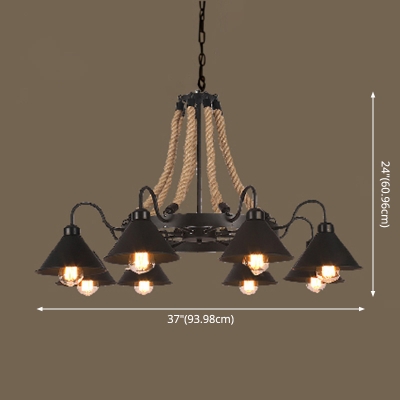 Industrial Chandelier with Gooseneck Fixture Arm and Cone Metal Shade in Black with Adjustable Height