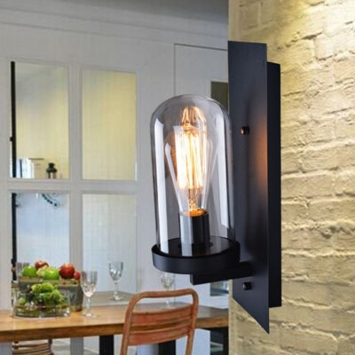 Rectangle Black Backplate Wall Sconce Industrial Capsule Glass Shade LED 1-Bulb Wall Lamp