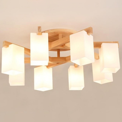 Rectangle Shade Living Room Ceiling Light Wood Contemporary White Glass LED Semi Flush Light
