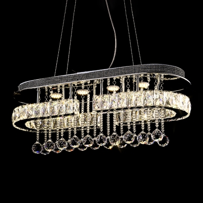 Rectangular LED Island Pendant Modern Opulent Crystal Dining Room Hanging Light in Stainless-Steel