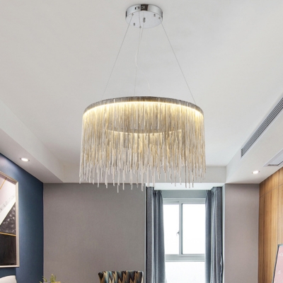 Silver Tassel Chandelier Postmodern Metal LED Hanging Light Fixture over Table