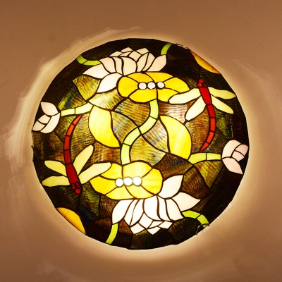 Stained Glass Flower Ceiling Mount Light Study Room Tiffany Rustic Flush Light in Black