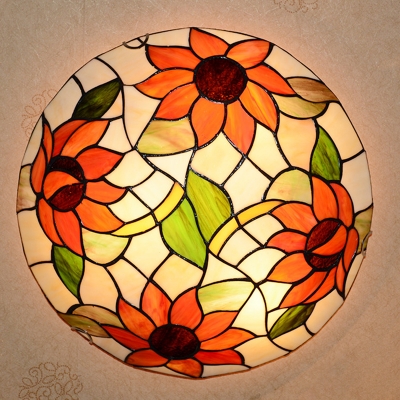 Sunflower Flush Ceiling Light Rustic Stylish Stained Glass Ceiling Lamp for Restaurant in Orange