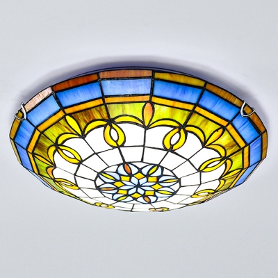 Tiffany Traditional Ceiling Mount Light Bowl Shade Stained Glass Flush Ceiling Light for Living Room in Blue
