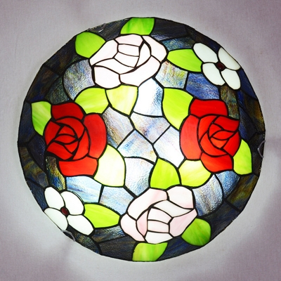 White and Red Rose Motif Tiffany Flush Mount Ceiling Light Country Style in Green-Red