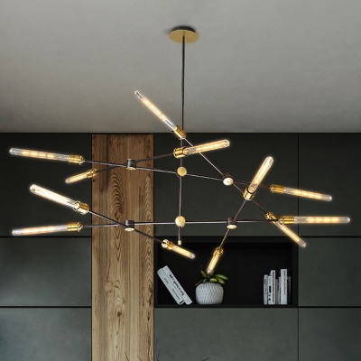 Black Iron Crossed Line Pendant Light Farmhouse Restaurant Chandelier with Open Bulb Design