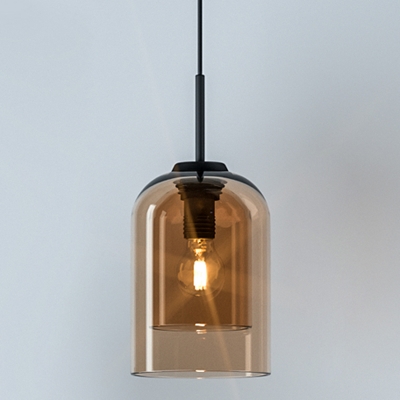 Contemporary Cylinder Hanging Light 6 Inchs Wide Double Glass 1 Head Mini Pendant Lamp