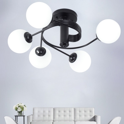 Curved Arms Living Room Semi Flush Ceiling Light Metal with White Glass Shade Modern Flush Mount Light