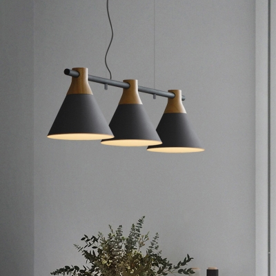 Macaron 3 Lights Island Pendant Wood Cone Hanging Lamp with Metal Shade