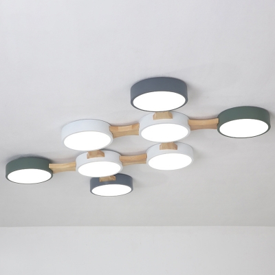 Round Shade Living Room Ceiling Light Wood Contemporary LED Semi Flush Light in 3 Colors Light