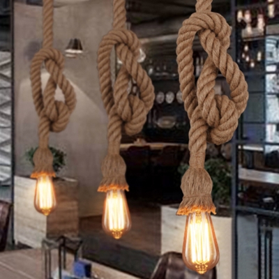 Single Naked Bulb Design Pendant Farmhouse Brown Stranded Hemp Rope Pendulum Light