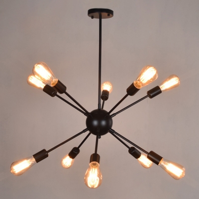 Wrought Iron Large Sputnik LED Chandelier in Black Industrial Style 10 Light Hanging Light for Cafe Bar Counter