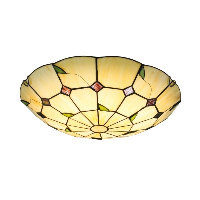 Beige Stained Glass Domed Ceiling Light Bedroom Tiffany Style Flush Mount Light