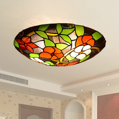 Black Rustic Tiffany Floral Ceiling Fixture Stained Glass Flush Ceiling Light for Balcony Corridor