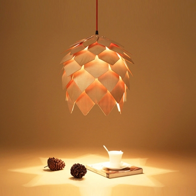 Country Style Wood Pine cone Pendant 1 Light By Designer Lighting in Beige for Dining Room