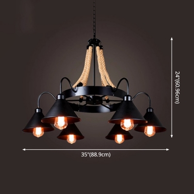 Industrial 24'' Height Large Chandelier with Rope and Cone Metal Shade in Black