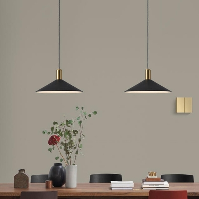 Nordic Conical Hanging Light Single-Bulb 14 Inchs Wide Metal Drop Pendant in Black with Brass Top