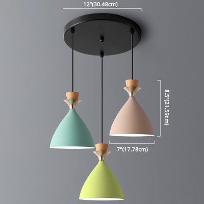 Nordic Funnel Multi Pendant Metal 3 Bulbs Dining Room Hanging Light in Green and Yellow and Pink