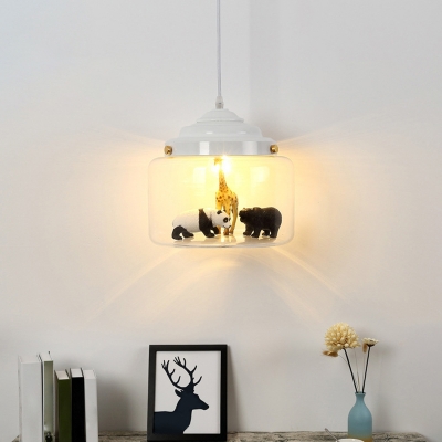 Canning Jar Clear Glass Pendant Kids 1 Head Suspended Lighting Fixture with Animal Statue