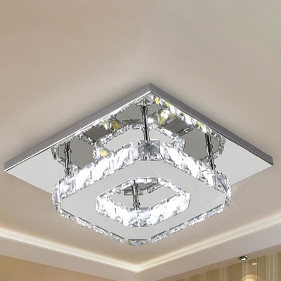 Clear Crystal Semi Flush Light 8 Inchs Wide Contemporary Silver LED Ceiling Light in White Light