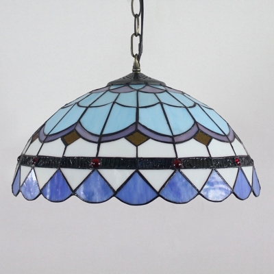Domed Shade Pendant Light 16 Inch Baroque Style Glass Hanging Lamp for Stair Dining Room in Blue