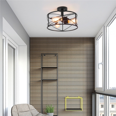 Industrial Style Ceiling Light with 3 Light Metal Ceiling Mount Metal Cage Frame Semi Flush for Hallway