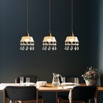Modern Hanging Light with Textured Glass Shade Single Light Pendant Lamp in Polished Brass with Teardrop Shaped Crystal