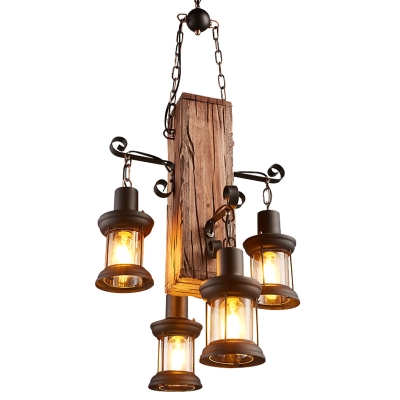Retro Loft Style Lantern Chandelier Wooden 4 Lights 19.5 Inchs Wide Suspension Light in Beige for Coffee Shop