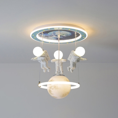 Astronaut Metal Pendant Lighting Kids 4 Light Blue Ceiling Suspension Lamp with Ball Milk Glass Shade