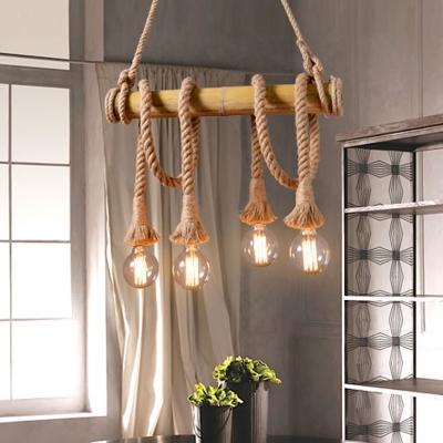 Beige Exposed Bulb Design Hanging Lamp Lodge Hemp Rope Dinette Island Light with Bamboo Pole