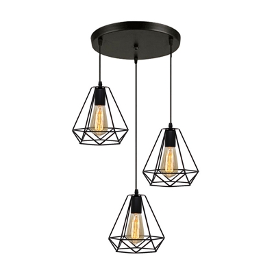 Black Industrial Vintage Pendants 3 Lights with 39.5 Inchs Height Adjustable Multi Light Pendant with Metal Cage