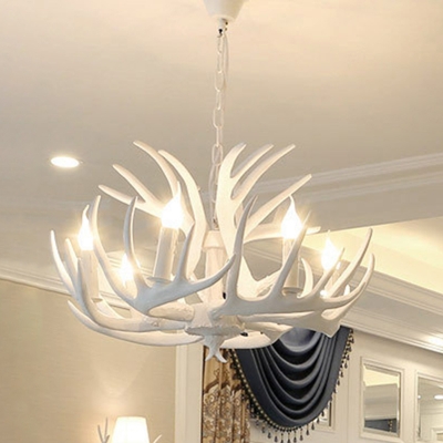 Rustic Style Candle Chandelier Antlers Resin Hanging Light for Dining Room Living Room