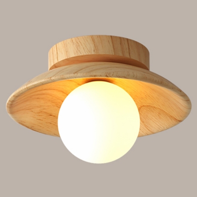 Saucer and Ball Flush Mount Fixture Simple White Glass 1-Light Corridor Ceiling Light in Wood