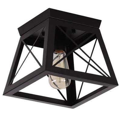 Trapezoid Shaped Foyer Flushmount Retro Iron 1 Light Black Semi Flush Mount Ceiling Light