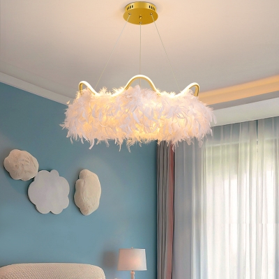 White Feather Crown Chandelier Pendant Nordic Ceiling Suspension Lamp for Girls Bedroom