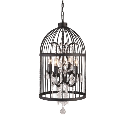 Wrought Iron Industrial Black Cage Shaped 18 Inchs Wide Bedroom Pendant with Crystal