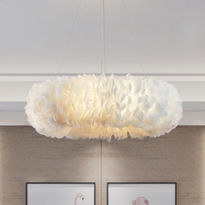 Doughnut Feather Chandelier Light Fixture Modern Fabric Bedroom Pendant Lamp in White
