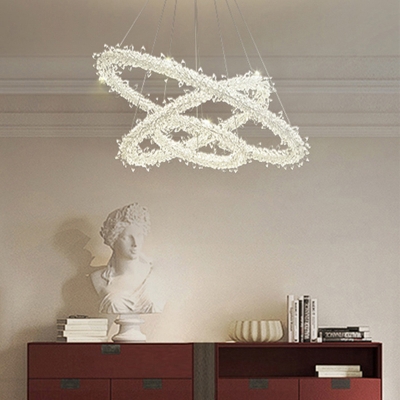 Metal Circle Chandelier Light K9 Crystal Beaded Bedroom LED Hanging Ceiling Light in Clear