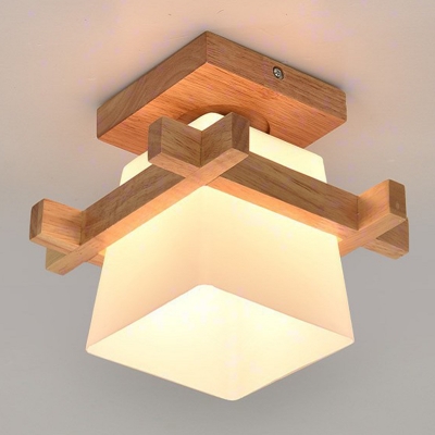 Asian Stylish Trapezoid Flushmount Light Wooden 1 Light Ceiling Lamp for Shop Dining Room