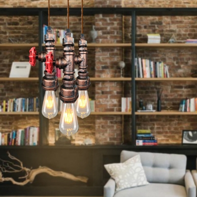 Bare Bulb Design Iron Pendant Light 1 Bulb 3 Inchs Wide Dining Room Hanging Pendant with Red Valve and Pipe Socket
